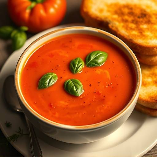 A bowl of creamy tomato soup garnished with basil leaves and a swirl of cream, next to a grilled cheese sandwich.