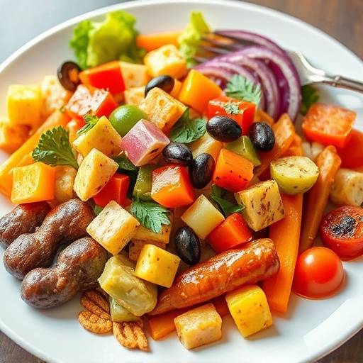 A diverse plate of colorful, healthy foods representing satiety