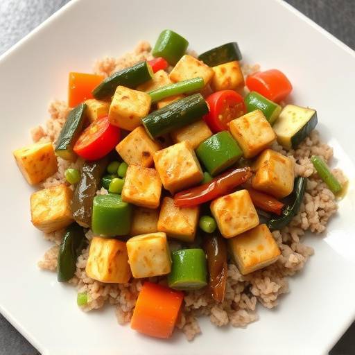 A vibrant plate of stir-fried tofu with mixed vegetables and a soy-ginger sauce, served over brown rice.