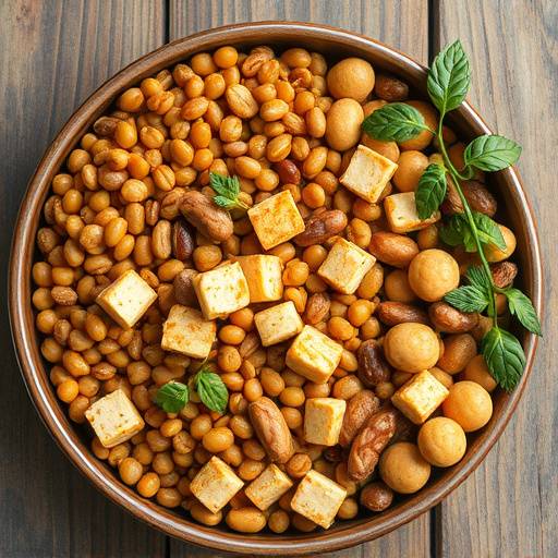 Assortment of plant-based protein sources, such as lentils, beans, tofu, and nuts