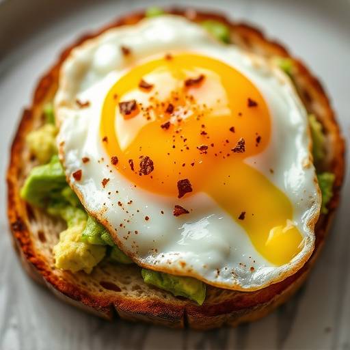 Close-up of avocado toast topped with a fried egg, red pepper flakes, and a sprinkle of sea salt.