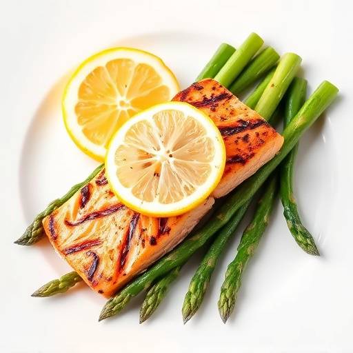 Grilled salmon fillet with asparagus and a lemon wedge on a white plate.