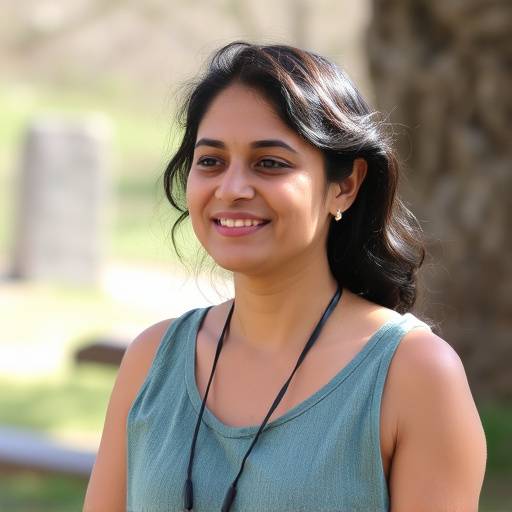 Portrait of Anya Sharma, Wellness Coordinator at Vitality Provisions, meditating outdoors.
