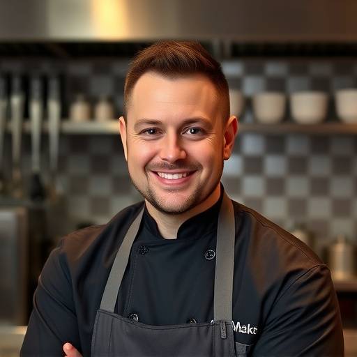 Portrait of Chef Marcus Bellweather, Head Chef at Vitality Provisions, standing in a kitchen.