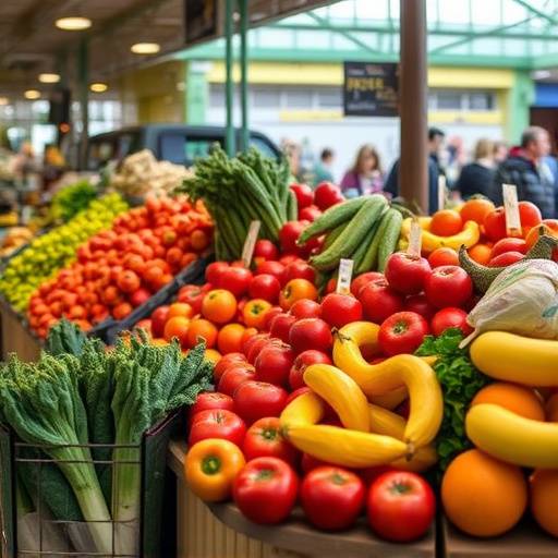 Selection of locally sourced fruits and vegetables at a Seattle farmers market.